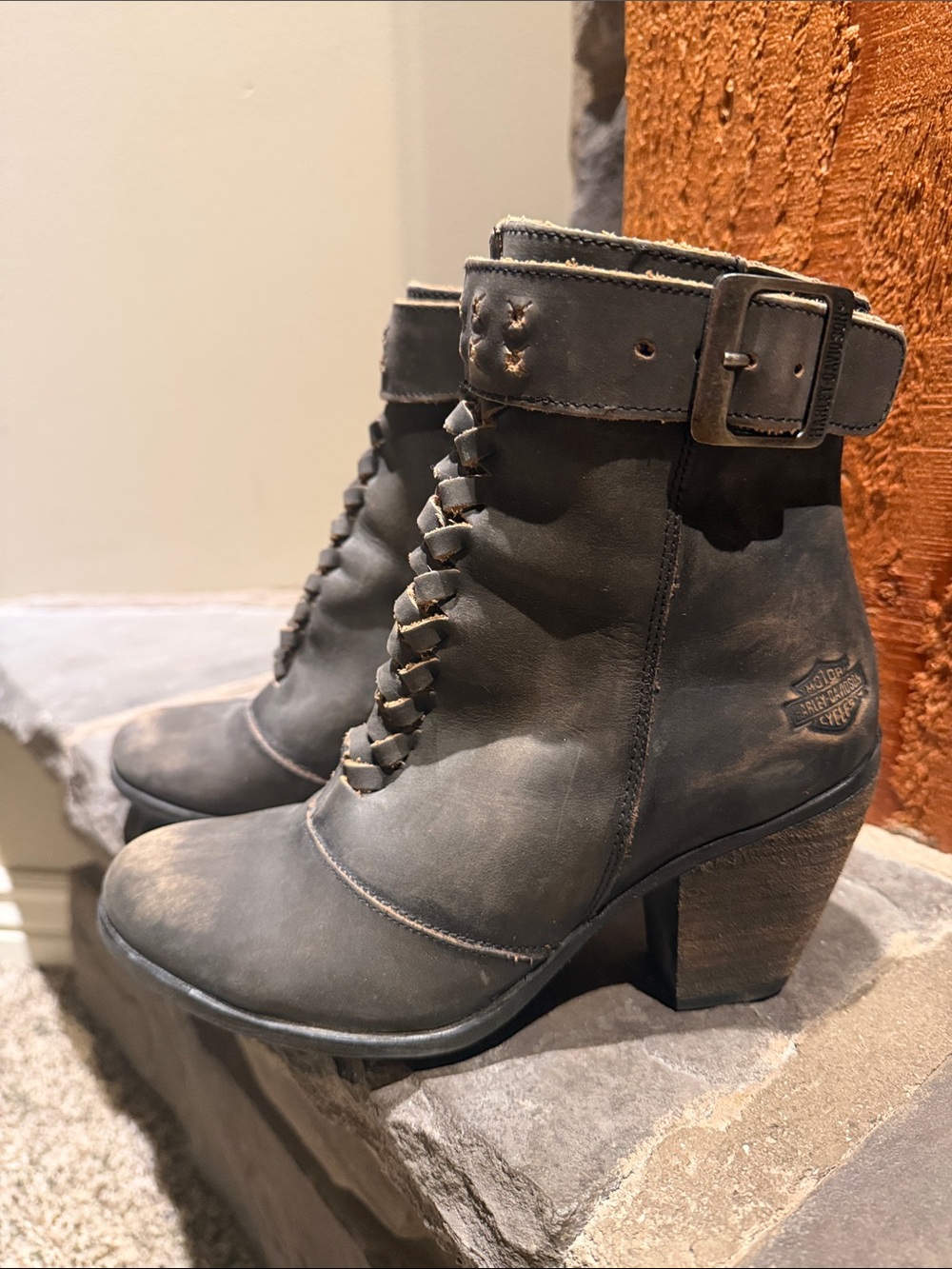 Harley Davidson Women’s Distressed Lace-Up Leather Ankle Boots with Buckle